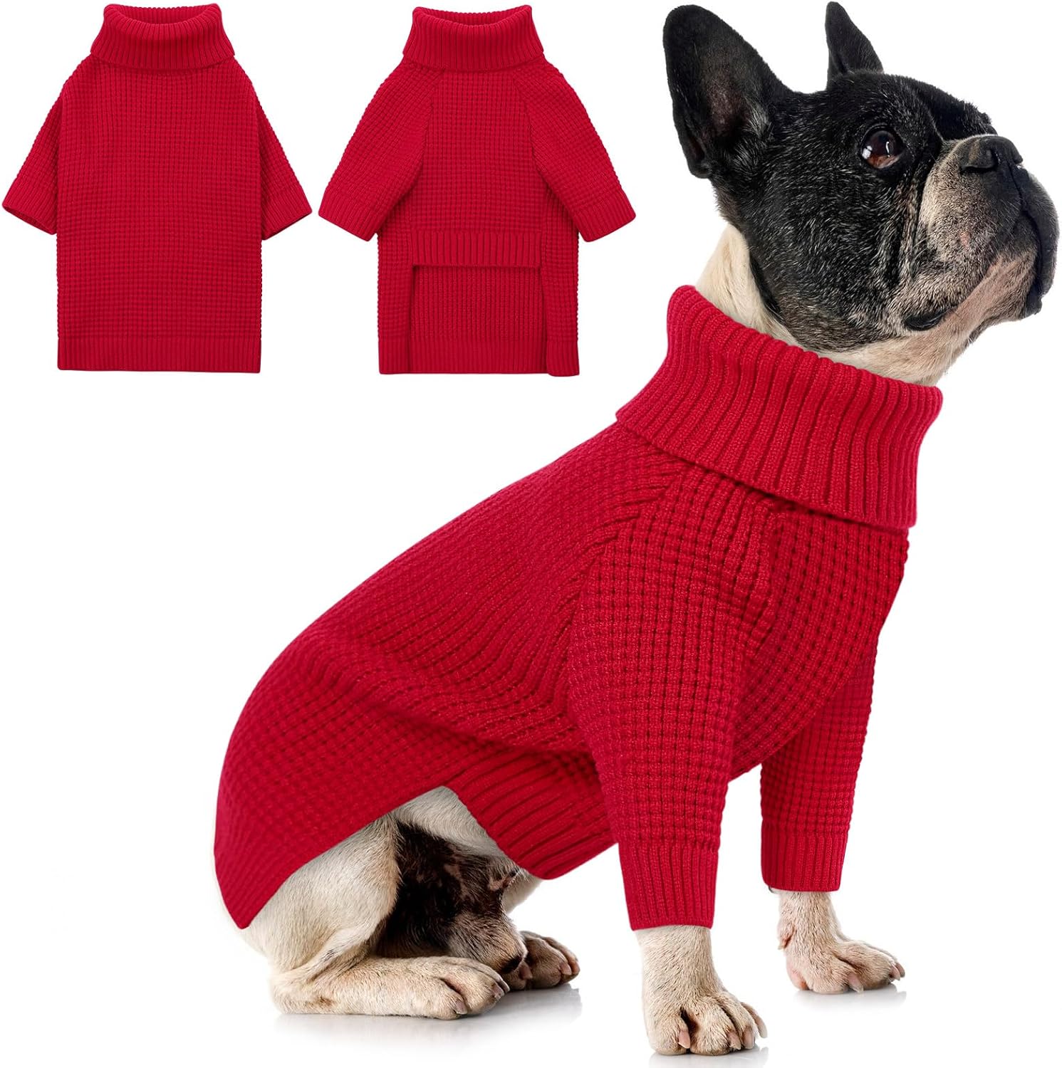 Queenmore Turtleneck Large Dog Sweater, Plaid Dog Sweater with Check Pattern, Long Sleeve Holiday Doggie Sweaters, Solid Pet Sweaters for Large Breeds, Red L
