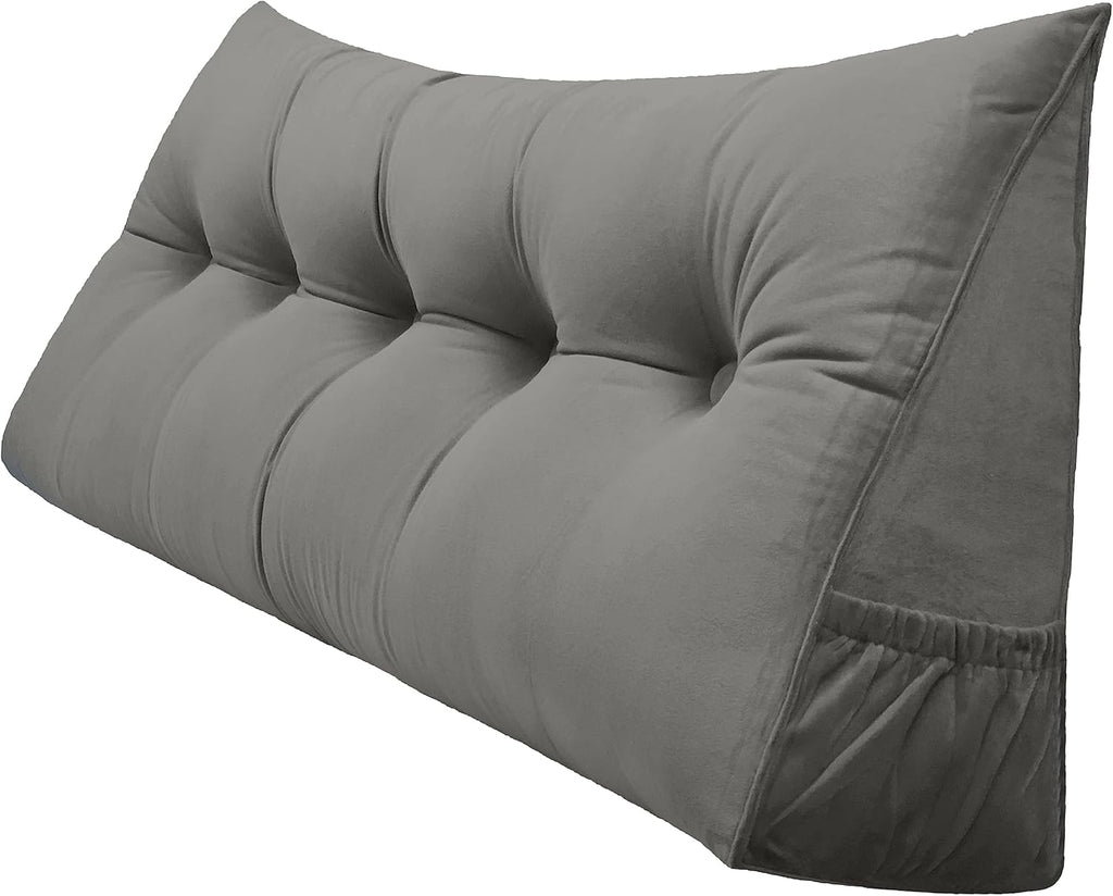 Triangular Reading Bed Rest Pillow Large Bolster Cushion Headboard Backrest Wedge Pillow with Removable Cover and Two Large Side Pockets (Grey, California King: 71 x 8 x 20 inches)