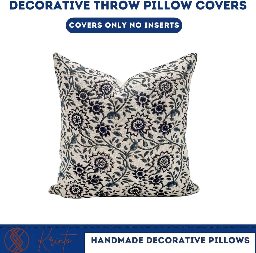 Designer Floral Print on Natural Linen Pillow Cover, Blue Pillow, Boho Pillow Cover, Decorative Throw Pillow, Navy Blue Pillow Cover, Dark Blue Pillow Cover (Navy Blue, 26x26)