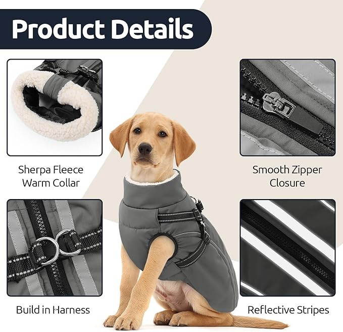 Dog Winter Coat with Harness Built in Warm Puffer Dog Jackets for Small Medium Large Dogs Windproof Waterproof Outfit with Plush Lining and Reflective Stripes (Grey, S)
