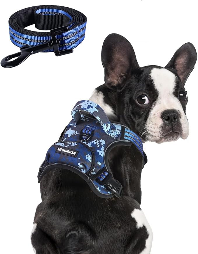BUMBIN Dog Harness for Large Dogs, No Pull Adjustable No Choke Pet Vest with Dog Leash Fit Smart Reflective Pet Walking Harness for Training Easy Control Soft Handle Blue Camo S