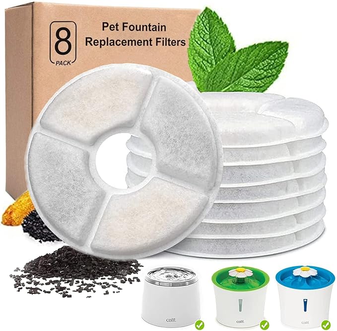 8-Pack Cat Water Fountain Filters, Cat Fountain Replacement Filter, Pet Fountain Filters Compatible with Most Catit Automatic Cat Fountain
