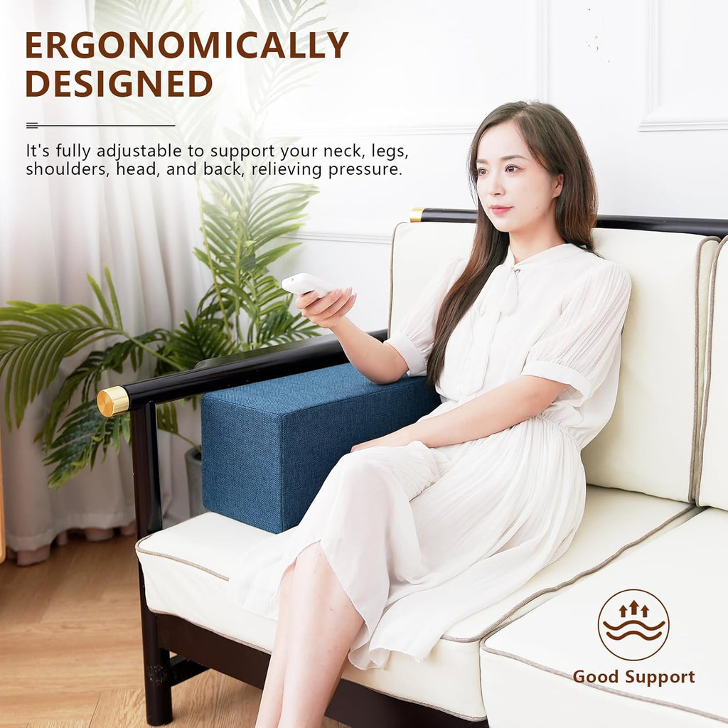 2 Pack Couch Arm Rest Pillow, 8''x8''x20'' Linen Cover, High Density Foam Armrest Cushion, Removable & Washable Elbow Support for Sofa, Bed, and Armchair (Indigo Blue)