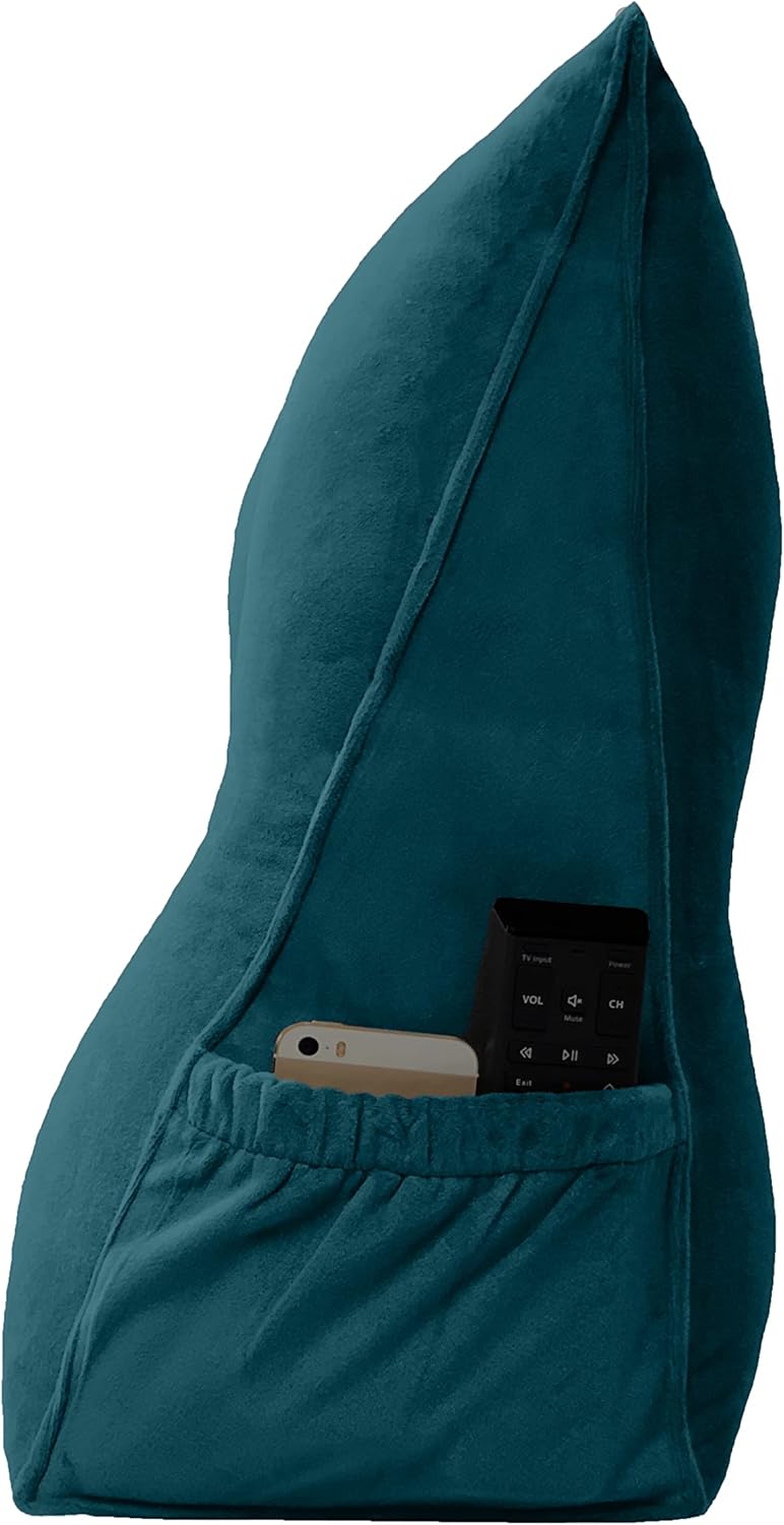 Triangular Reading Bed Rest Pillow Large Bolster Cushion Headboard Backrest Wedge Pillow with Removable Cover and Two Large Side Pockets (Teal, Queen: 59 x 8 x 20 inches)