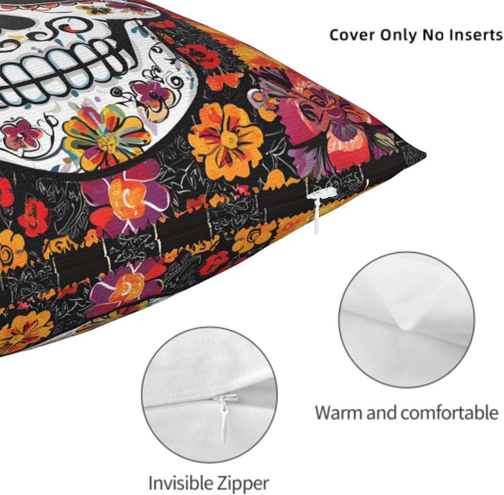 Throw Pillow Covers 18x18 Set of 2, Sugar Skull Cushion Covers, Decorative Square Pillowcases for Couch, Bedroom, Living Room