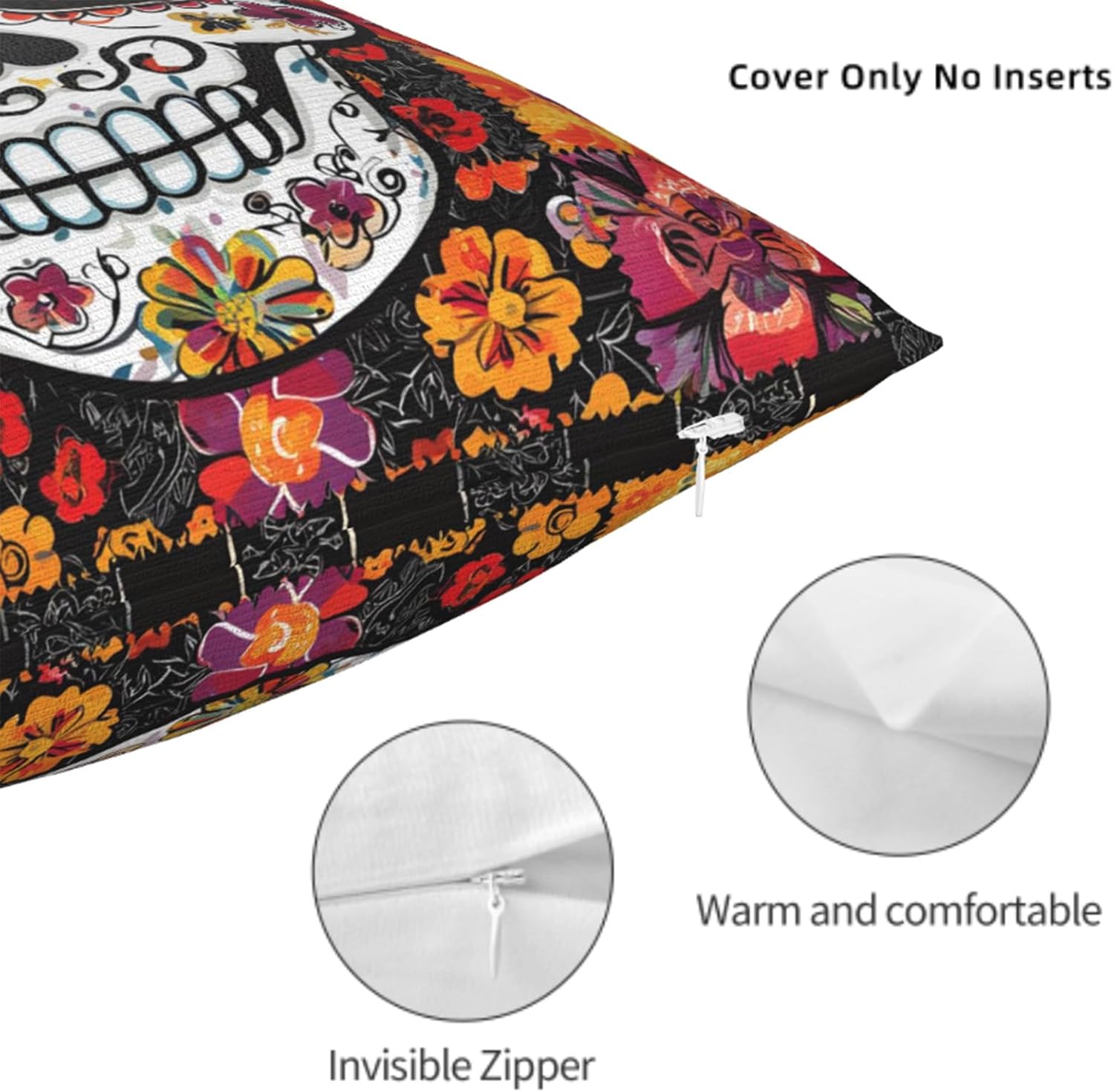 Throw Pillow Covers 18x18 Set of 2, Sugar Skull Cushion Covers, Decorative Square Pillowcases for Couch, Bedroom, Living Room