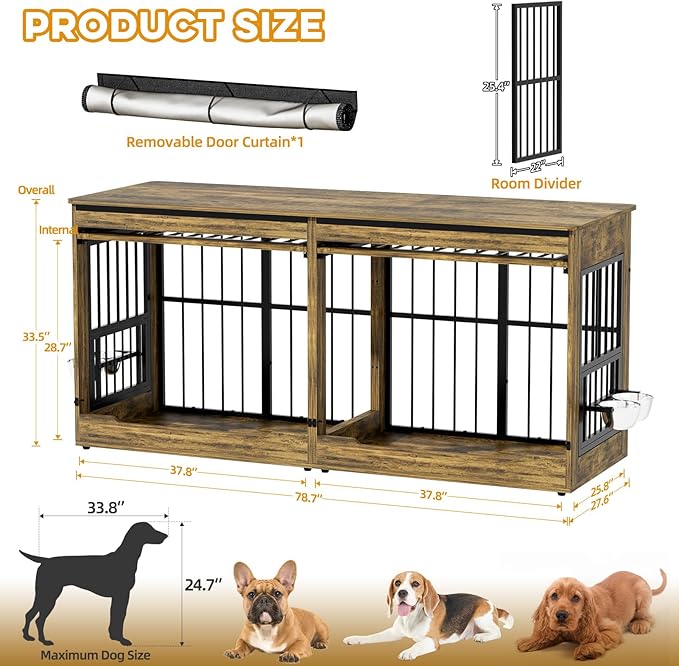 78" Double Dog Crate Furniture with Divider, Thick Wooden Indoor Dog Kennel Furniture with Swivel Bowls for 2 Dogs, Decorative Pet Cage End Table with Wheels for Extra Large Breed, Rustic Brown