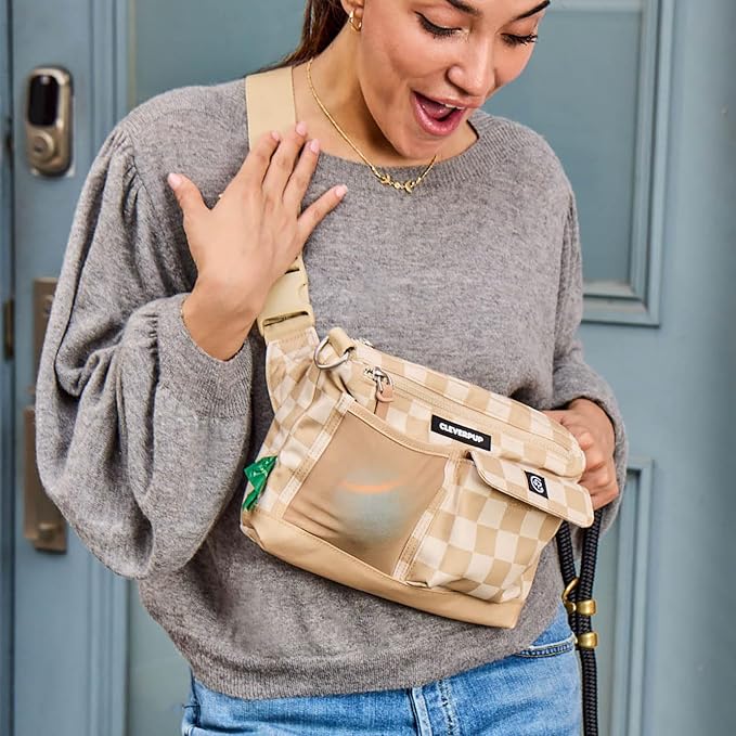 Dog Walk & Train Sling Bag - Hands-Free 2-In-1 Treat Pouch, Poop Bag Holder, Clicker, Phone Pocket - Crossbody/Fanny Pack, Adjustable Strap - Checkerboard