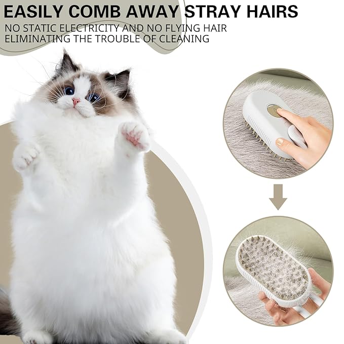 Steamy Pet Brush - Convenient Hair Removal, Easy Collection, Massage Function - Ideal Steam Brush for Cats! (White+coffee)