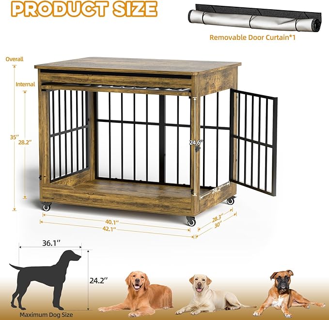 42" Large Dog Crate Furniture, Double Door Wooden Indoor Dog Kennel Furniture, Decorative Pet Cage End Table with Wheels for Large Breed Dogs, Size XL, Rustic Brown