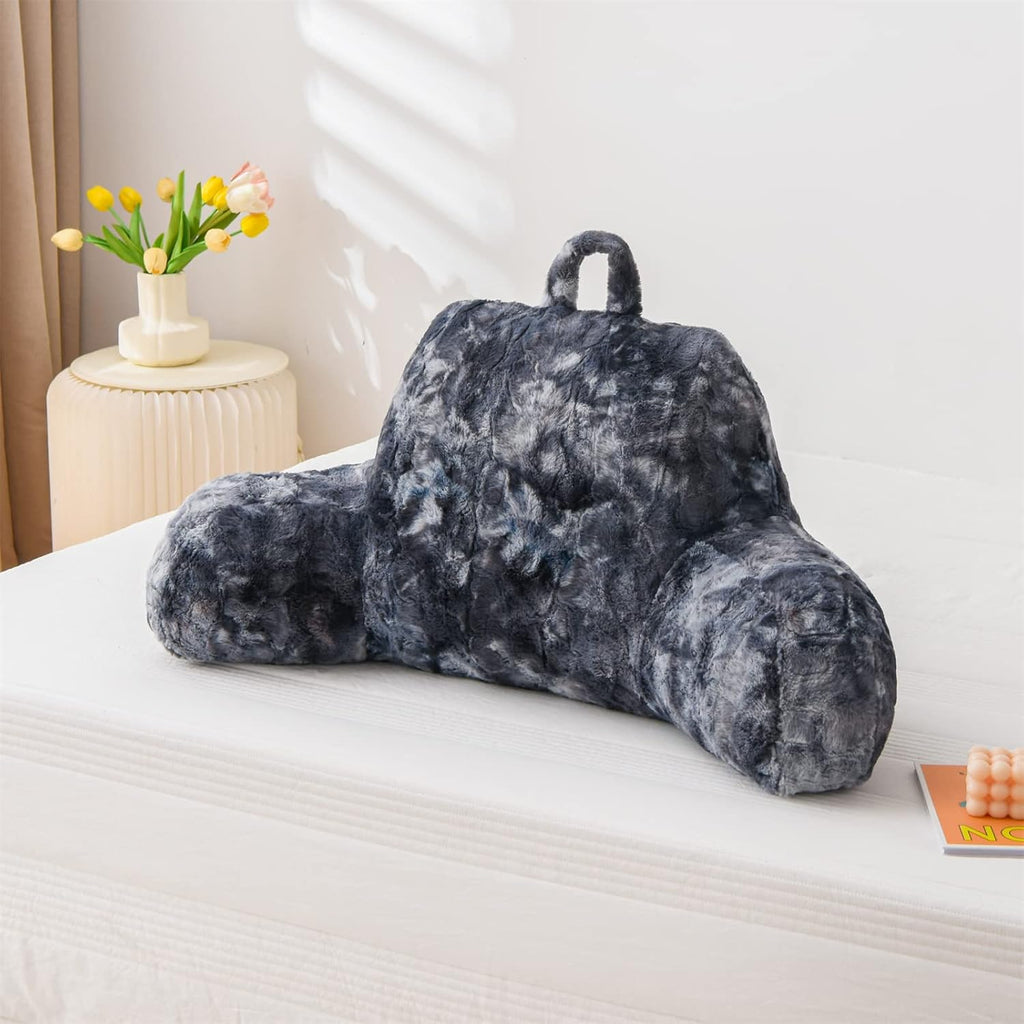 A Nice Night Faux Fur Reading Pillow Bed Wedge Large Adult Children Backrest with Arms Back Support for Sitting Up in Bed/Couch for Bedrest,Tie Dyed Gray