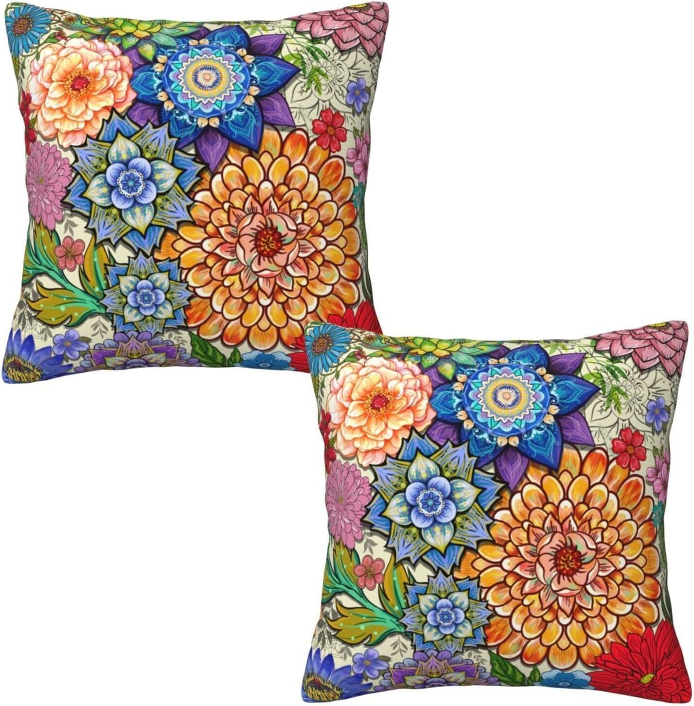 Boho Floral Throw Pillow Covers 18x18 Inch, Colorful Boho Flowers Throw Pillow Cases Set of 2, Decorative Cushions Pillowcase for Couch Office Car Sofa Living Room Bedroom Farmhouse Home Decor