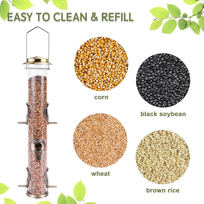 MIXXIDEA Metal Wild Bird Feeder, Squirrel Proof for Outside, Hanging 6 Port Tube Transparent Finch Feeder for Attracting Birds in Lawn, Garden, Balcony - Bronze