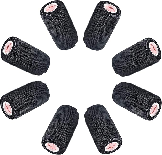 4 Inch Vet Wrap Tape Bulk (Black) (Pack of 12) Self Adhesive Adherent Adhering Flex Bandage Grip Roll for Dog Cat Pet Horse
