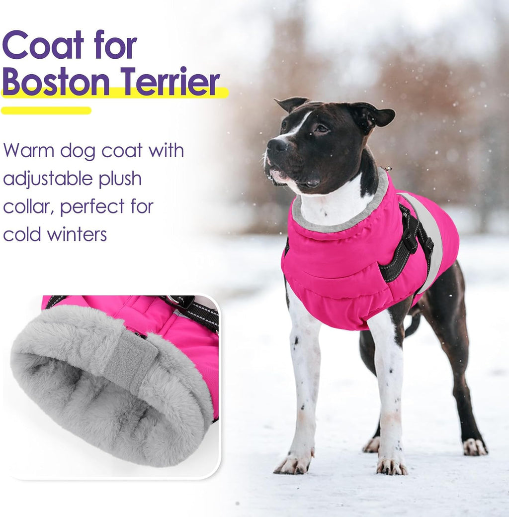 SUNFURA Dog Jacket, Large Dog Coat with Harness Built in, Warm Pet Winter Jacket Zippered Snow Coat with Furry Collar, Waterproof Fleece Snowsuit for French Bulldog, Hot Pink L