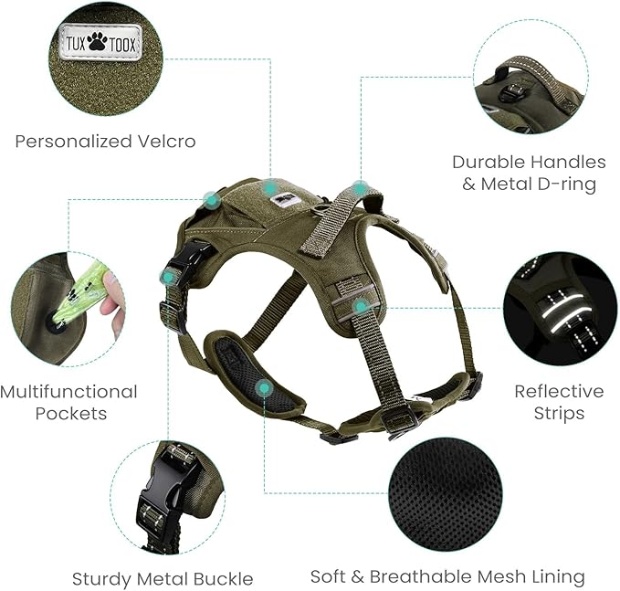 No Pull Dog Harness Medium Sized Dog for Service, Easy Walk, Training - Adjustable Reflective Dog Vest with Handle Easy Control - No Choke Metal Buckled Pet Harnesses (Green, Medium)