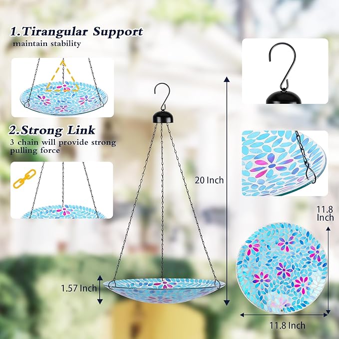 MUMTOP Mosaic Hanging Bird Bath-Bird Baths for Outdoors - 12 Inch Glass Bird Water Bowl Bird Feeders for Outside, Garden, Lawn Yard Decor（Blue）