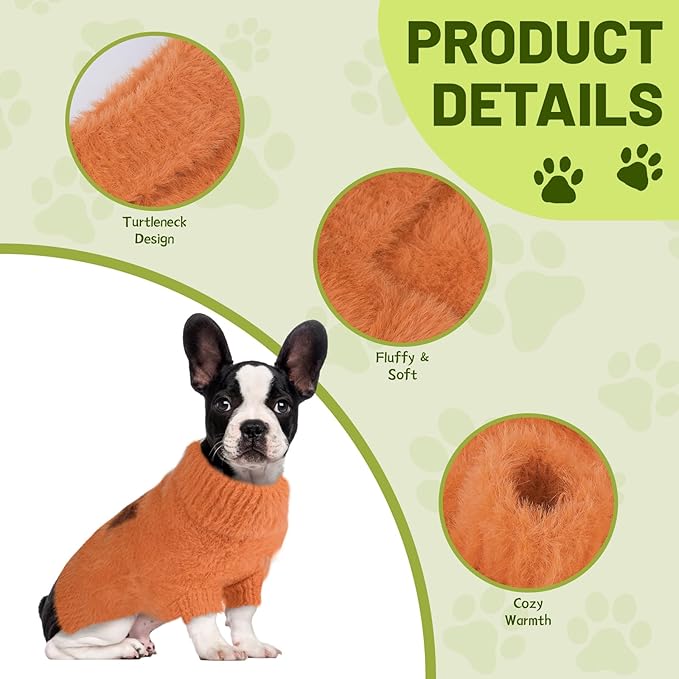 Small Dog Furry Pullover Sweater, Classic Turtleneck Dog Clothes for Cold Weather Cute Warm Pet Clothes for Chihuahua, Bulldog, Dachshund, Pug Orange Large