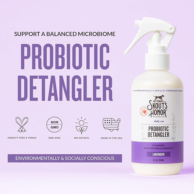 Skout's Honor Probiotic Pet Detangler Spray - Hydrating & Conditioning with Avocado Oil, 97% Natural, Paraben & Sulfate-Free, softens for a More brushable Coat, Daily Use, 8oz, Lavender