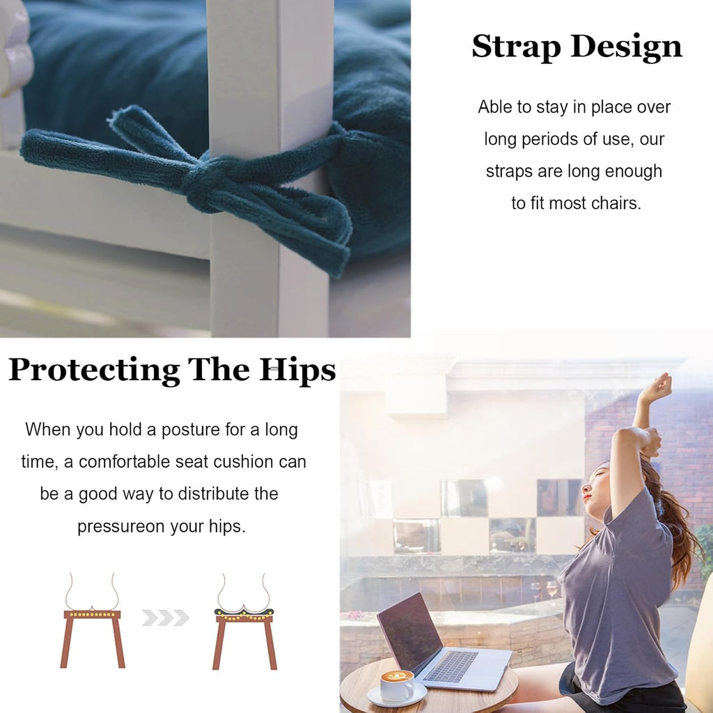 2 Pack Square Seat Cushion Chair Pads for Kitchen Dining Chairs, Soft Comfort Velvet Chair Mat Pillow Cushions with Ties for Office Desk Living Room Tatami 15.5", Blue