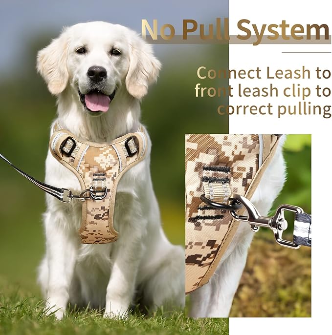 HEELE Dog Harness, No Pull Adjustable Padded Reflective Harness for Small Medium Large Dogs with Handle for Walking Training,Camo Tan, L