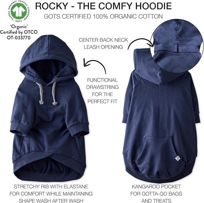 Rocky – The Orginal Lightweight Hooded TEE 100% Organic Cotton Dog Hoodie Pet Coat Sweater for Small, Medium, Large Dogs, Navy, X-Small (5-12 lbs)