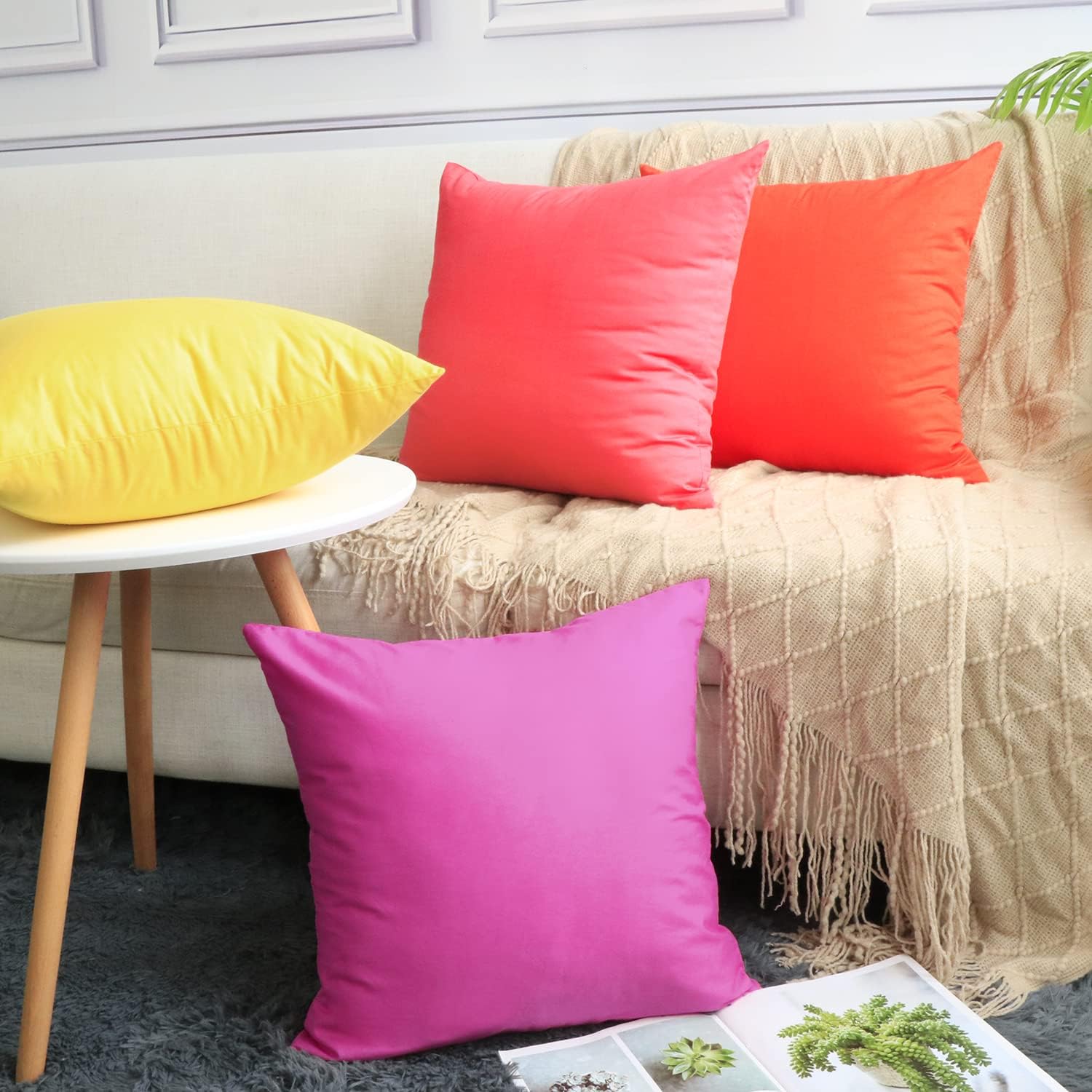 Thmyo 4-Pack 100% Cotton Comfortable Solid Decorative Throw Pillow Case, Square Cushion Cover Pillowcase Sublimation Blank Pillow Covers DIY Throw Pillowcase for Couch(18x18 inch/ 45x45cm,Rose red)