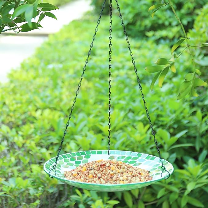 MUMTOP Mosaic Hanging Bird Bath-Bird Baths for Outdoors - 12 Inch Glass Birdbath Bird Water Bowl Bird Feeders for Outside, Garden, Lawn Yard Decor（Flower & Leaf）