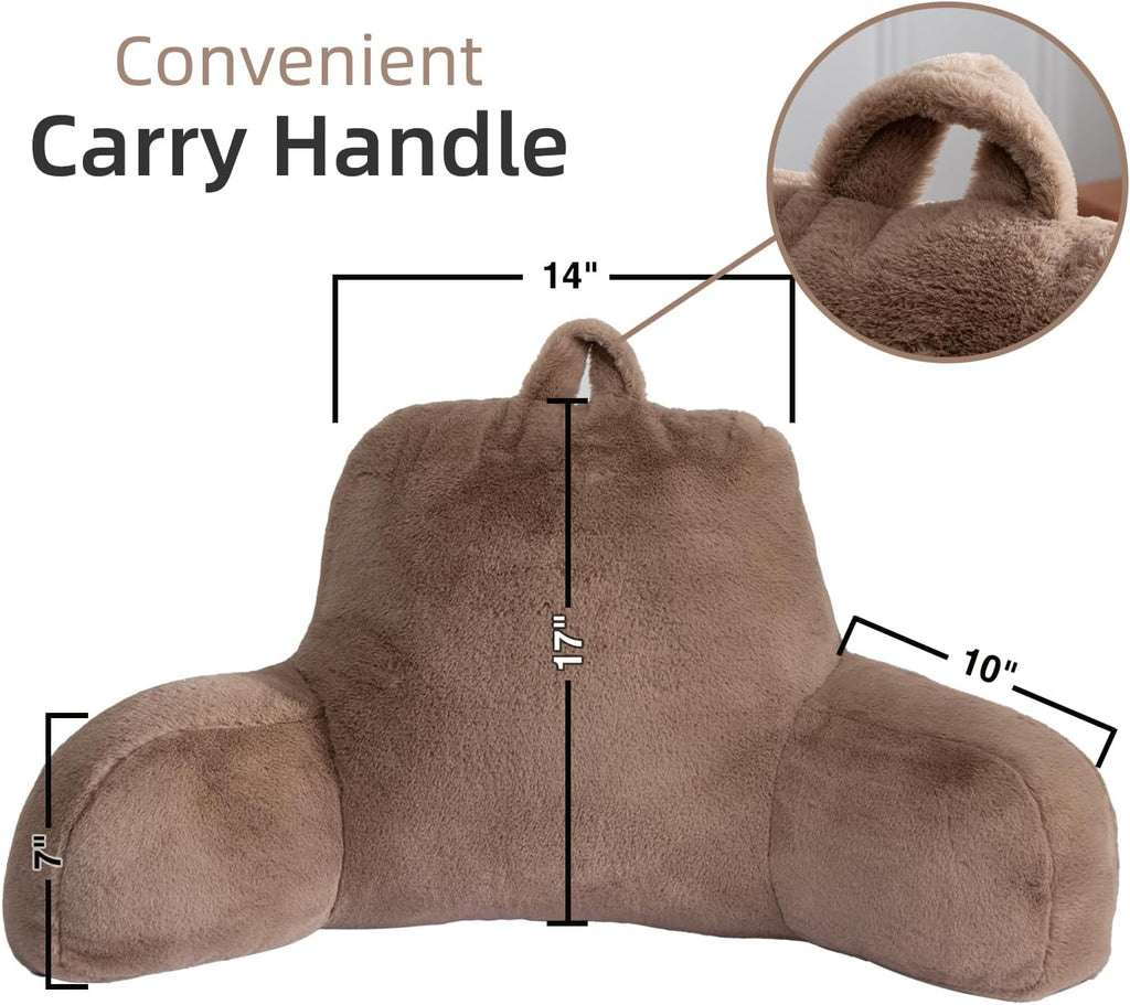 A Nice Night Faux Fur Reading Pillow Bed Wedge Large Adult Children Backrest with Arms Back Support for Sitting Up in Bed/Couch for Bedrest,Khaki