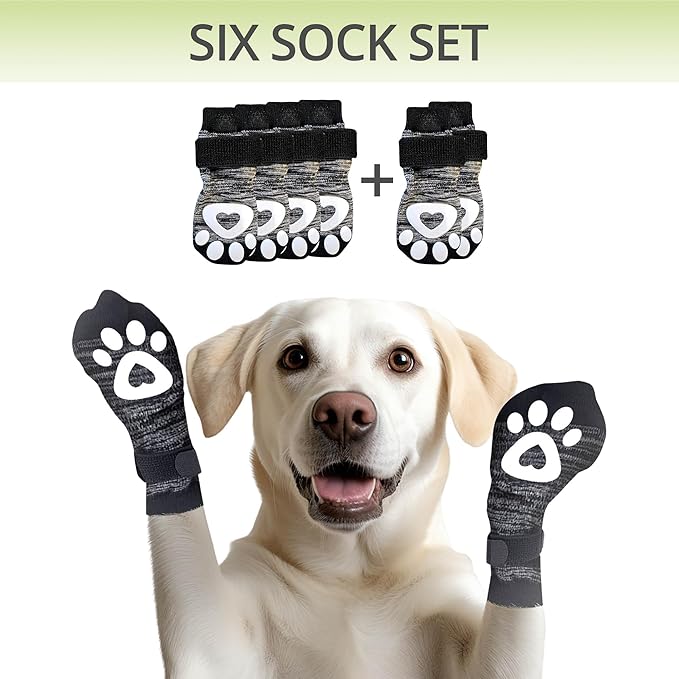 Anti Slip Dog Socks for Hardwood Floors, 6 Pack | Dog Socks to Prevent Licking Paws and Add Traction | Paw Protection for Senior Dogs | Dog Booties Alternative - Large