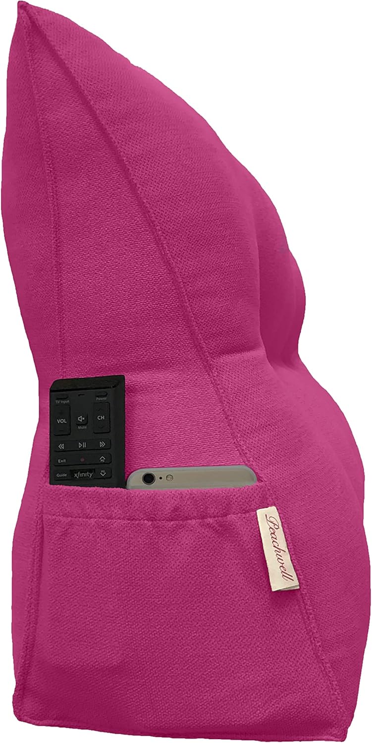 Triangular Reading Bed Rest Pillow Large Bolster Cushion Headboard Backrest Wedge Pillow with Removable Cover and Two Large Side Pockets (Magenta, Twin: 39 x 8 x 20 inches)