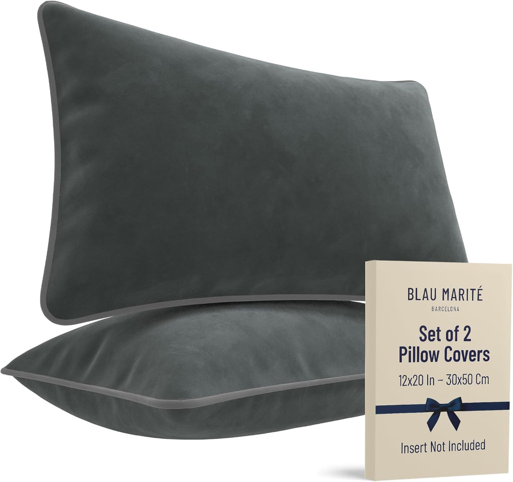 2 Pack Velvet Decorative Throw Pillow Covers, 12"x20", Deep Grey, Solid, Modern, Contrast Piping, Indoor Use, Bedroom & Living Room