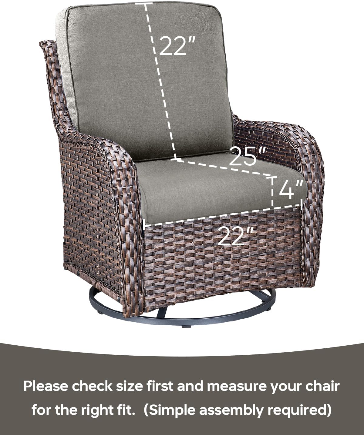 Pop 22x25/22x24 Outdoor Furniture Cushions Set of 6 - Comfortable Patio Chair Cushion for Rattan Wicker Dining Rocking Swivel Chairs Loveseat Couch L-Shape Sectional Sofa - Grey/Classic