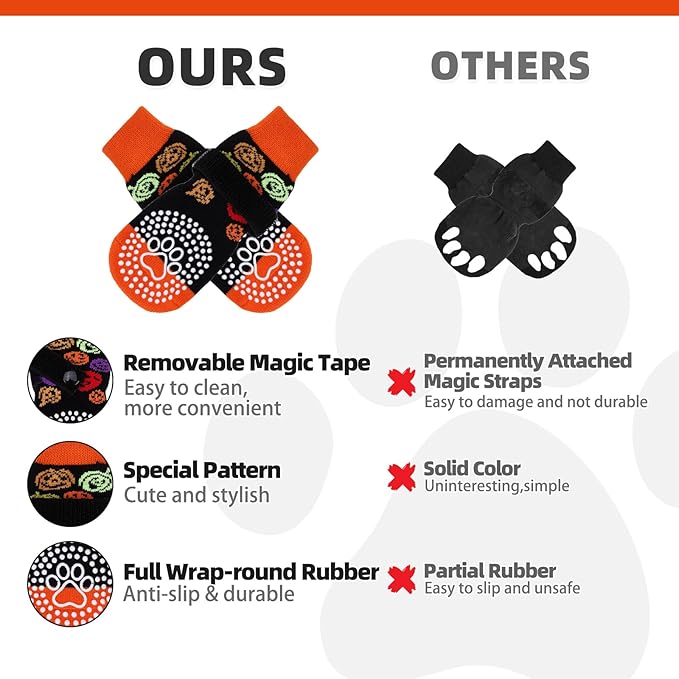 KOOLTAIL Anti Slip Halloween Dog Socks to Prevent Licking Paws, Dog Costume Boots&Paw Protector with Grippers for Hardwood Floors, Traction Control No Twist Booties for Small Medium Large Dogs, SM