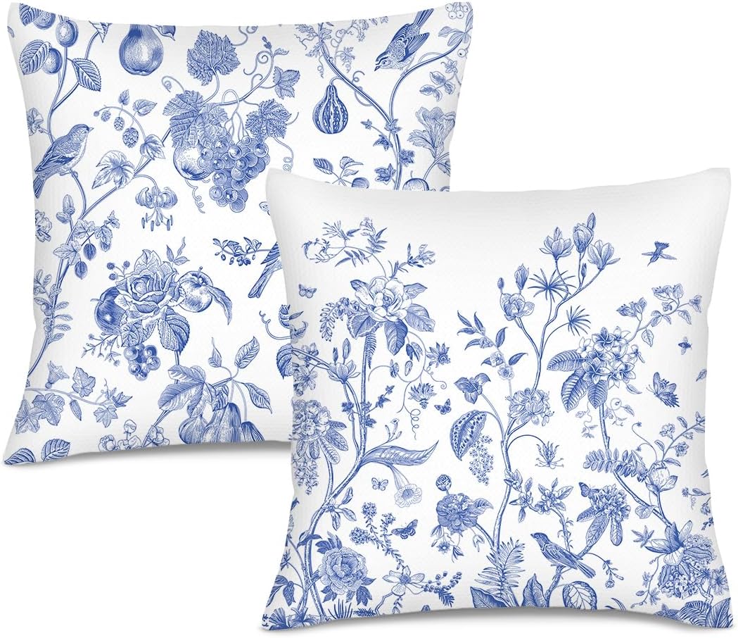 Blue Flower Decorative Pillow Covers 18x18 Inch Set of 2 Spring Floral Bird Throw Pillow Cases Chinoiserie Pillowcases for Couch Bed Sofa Cushion Living Room Chinoiserie Decor