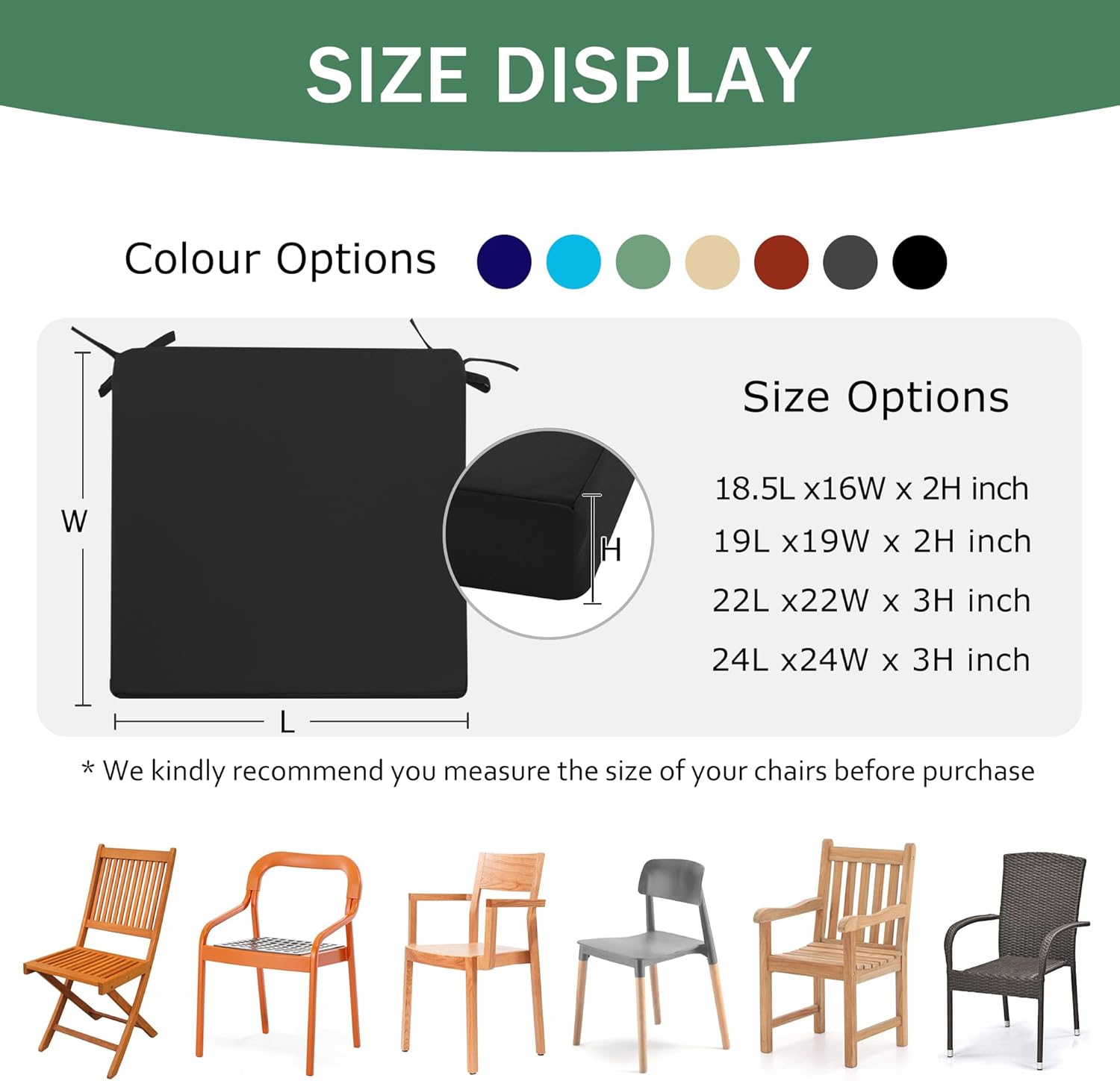 Outdoor Chair Cushions Set of 2: Waterproof & Color Fastness Seat Cushion for Patio Furniture - 22 x 22 x 3 Inch Chair Pads with Ties and Hidden Zipper - Patio Chair Cushion Replacement, Black