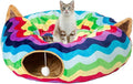 LUCKITTY Large Cat Tunnel Bed Under Christmas Tree with Fluffy Toy Balls, Small Cushion and Flexible Design- 10 inch Diameter, 3 ft Length- Great for Cats, and Small Dogs, Rainbow Wave Color