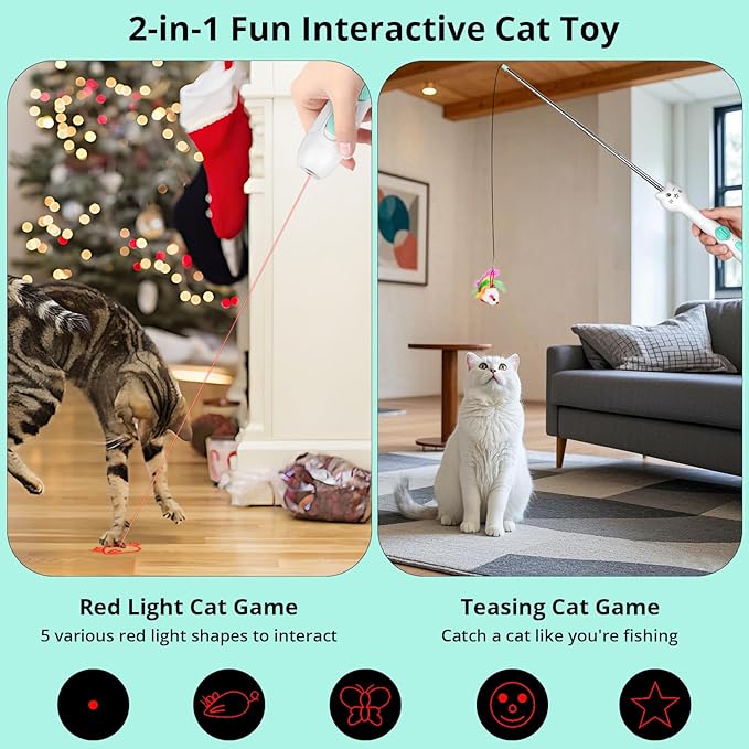 TBTeek Cat Toy, 2in1 Light and Retractable Pole with Feather, Rechargeable, Long Range 5 Modes, Interactive Toy for Indoor Cat Kitten Dog