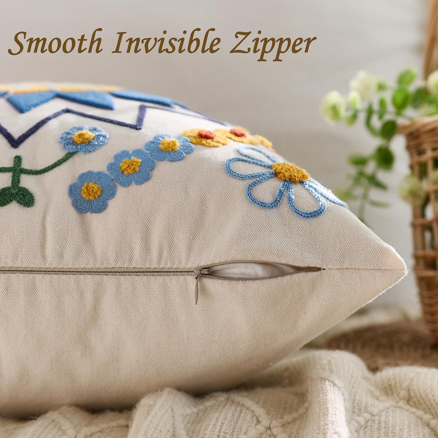 Embroidered Throw Pillow Cover 22x22 Classic Boho Floral Pattern Pillows Cover Outdoor Decorative Pillowcase,Durable Cozy Textured Cushion Case for Sofa Couch Bed Living Room,Blue Orange