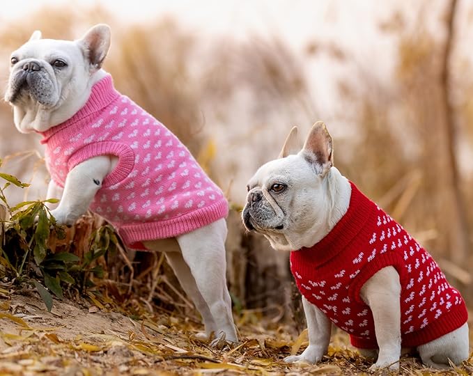 2 Pack Dog Sweater Winter Warm Clothes - Heart Soft Puppy Small Thickening Turtleneck Sweatshirt for Chihuahua, Bulldog, Dachshund, Pug, Yorkie (XS, Pink, Red)