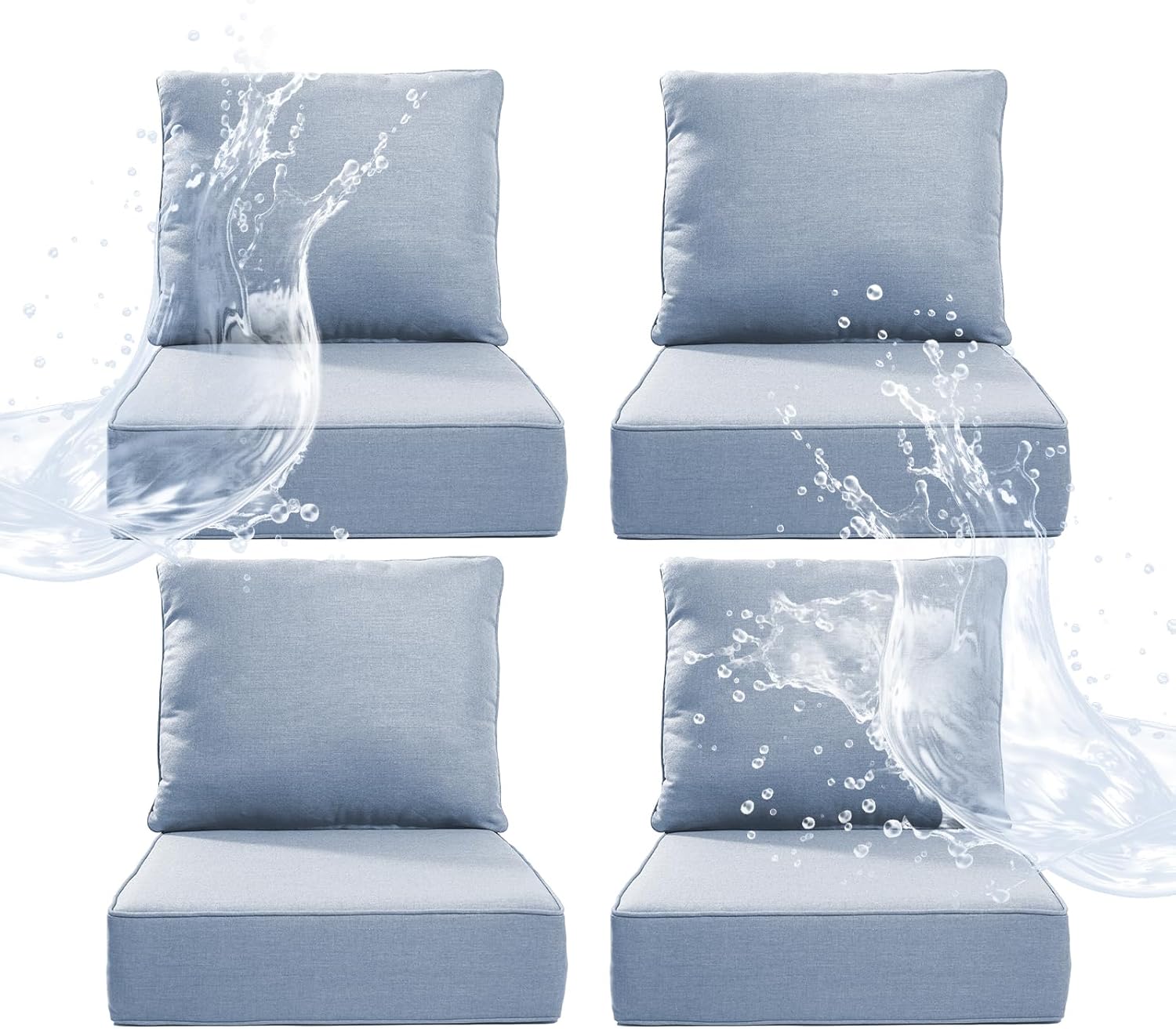 6" Thicker Outdoor Chair Cushion 4 Sets - 24" *24" *6" Waterproof Patio Furniture Cushions with Removable Cover, 28D High Density Sponge Filling Thicken Outdoor Patio Cushions - Baby Blue