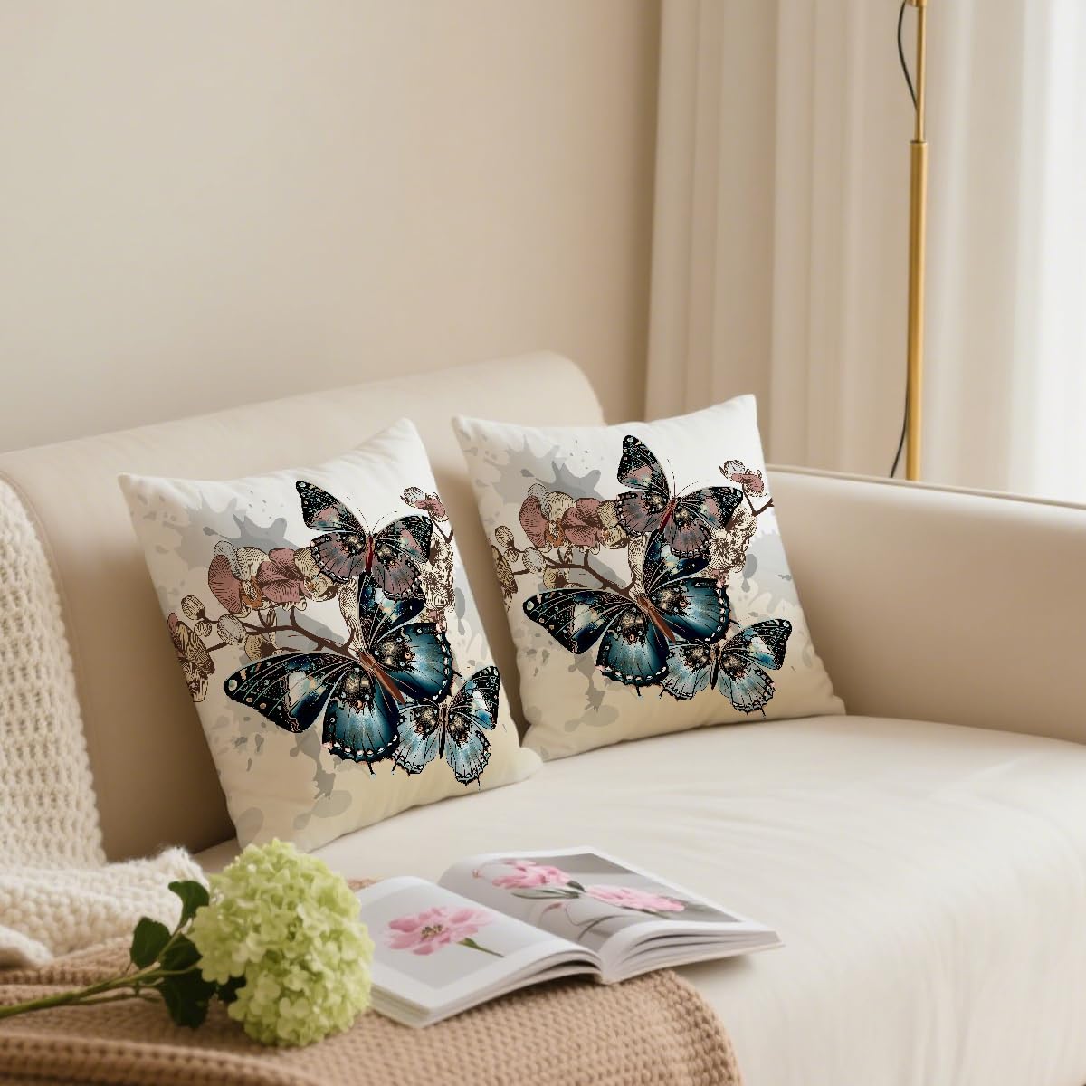 2 Pcs Throw Pillow Covers for Couch Butterflies Bed, Aesthetic Design Butterfly Linen Cotton Pillowcase Covers for Couch Sofa Bed Bedroom Apartment Dorm Living Room Office Home Decor