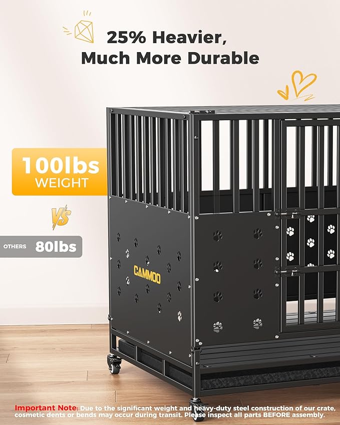 48'' Heavy Duty Dog Crate for Large Dogs, – Upgraded Chew-Proof Panels, Comfort-Widened Floor Panel, Dog Kennel Indoor, Adjustable Internal Height, Easy-Access Wide Door, 4 Lockable Wheels