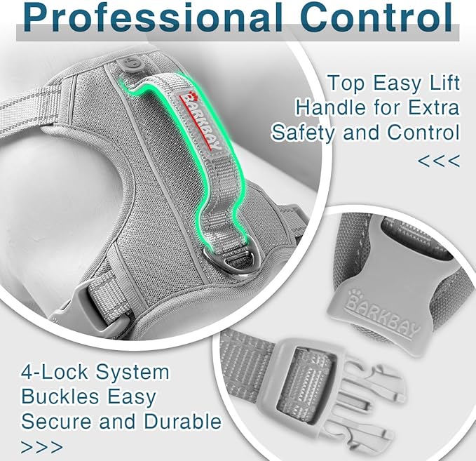 BARKBAY Dog Harness No Pull with ID Tag Pocket - Heavy Duty, Reflective, Easy Control for Large Dogs(Grey,XS)