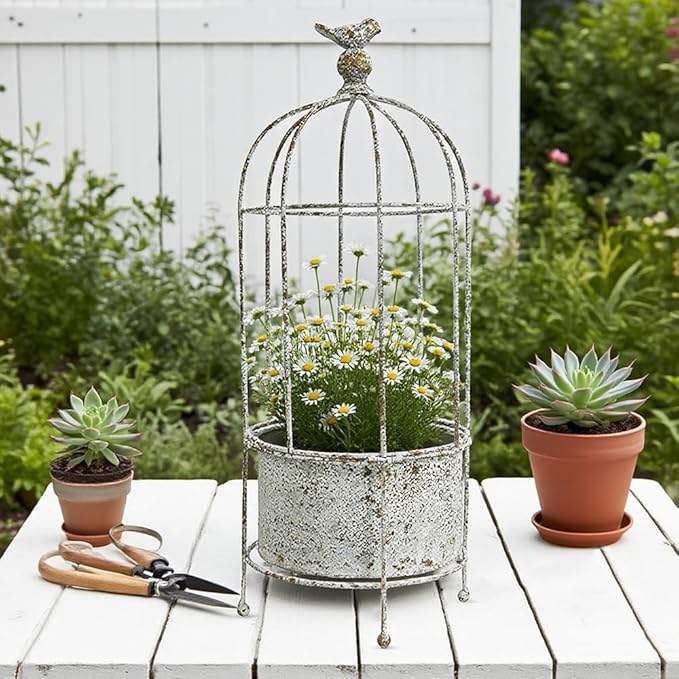 Rustic Vintage Birdcage Planter on Stand Farmhouse Distressed Decorative Metal Round Plants Holder Flower Pot with Latch Lock Closure for Garden Patio Yard Home Outdoor Balconies Decor