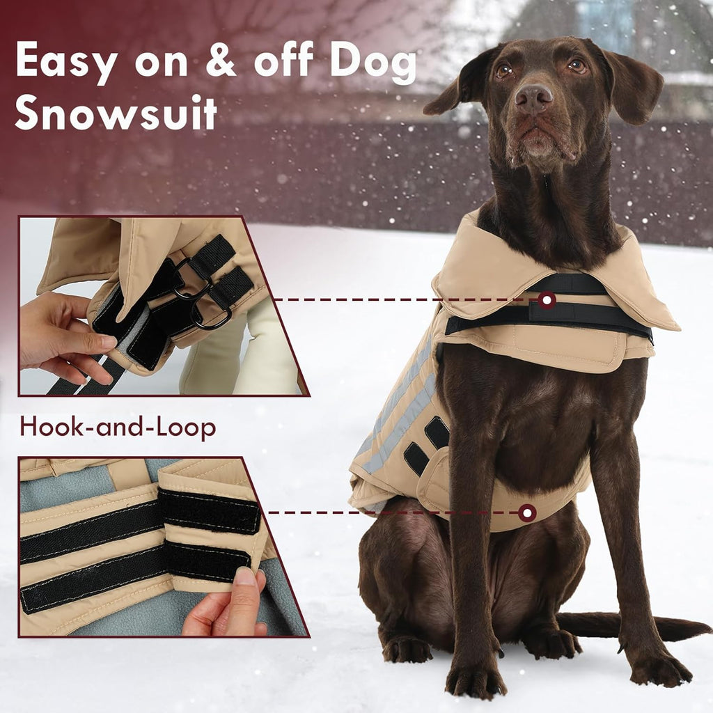 Dog Coat for Large Dogs Waterproof Winter Jacket with Harness Hole Turtleneck Hook & Loop Snowsuit Warm Fleece Dog Jacket for Cold Weather Windproof, Khaki XL