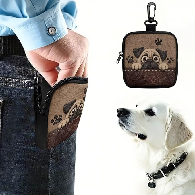 KEIAHUAN Pug Dog Treat Bags Training Pouch Small Dog Treat Pouch for Pet Walking and Training Reusable Pet Treat Container with Clasp for Traveling or Outdoor, Coin Pouch Small, Brown