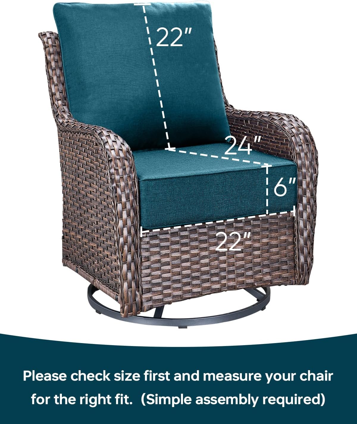 Luxury 22x24/22x25 6-Inch Outdoor Cushions for 5 Peice Patio Furniture Set - Set of 5 Water-Resistant Pillow for Dining Rocking Swivel Chairs Loveseat Couch Sectional Sofa - Peacock Blue