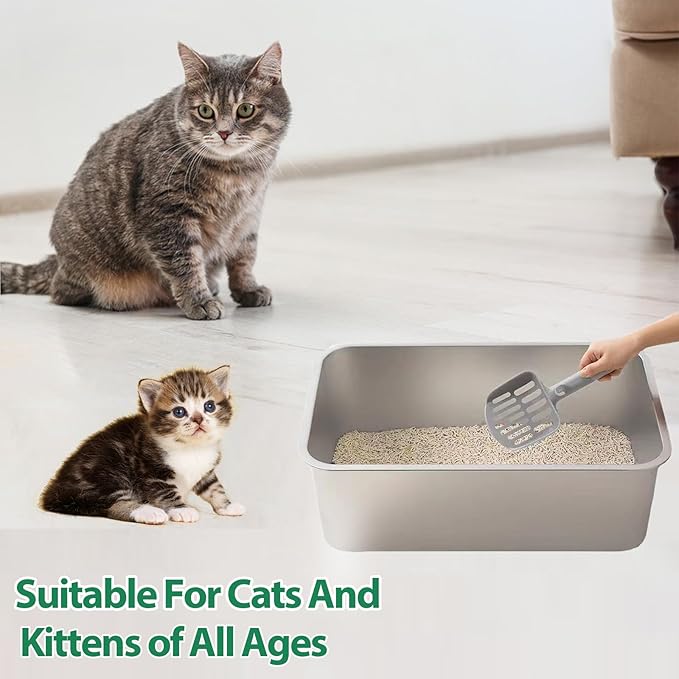 2PCS Stainless Steel Cat Litter Box,Metal Kitten Litter Pan, 6inch High Side Cats Toilet Indoor Litter Tray Pet Toilet Supplies for Cats, Kitty,Rabbits, Easy Clean, Non Stick Litter Box, No Smell