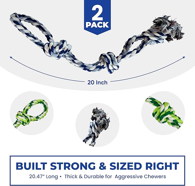 Dog Rope Toys, Heavy Duty Chew Toy for Large Dogs, 2-Pack Durable Tug of War Toys, 100% Cotton, Safe & Washable, Great for Teeth Cleaning, (Blue/White and Green/White/Green)
